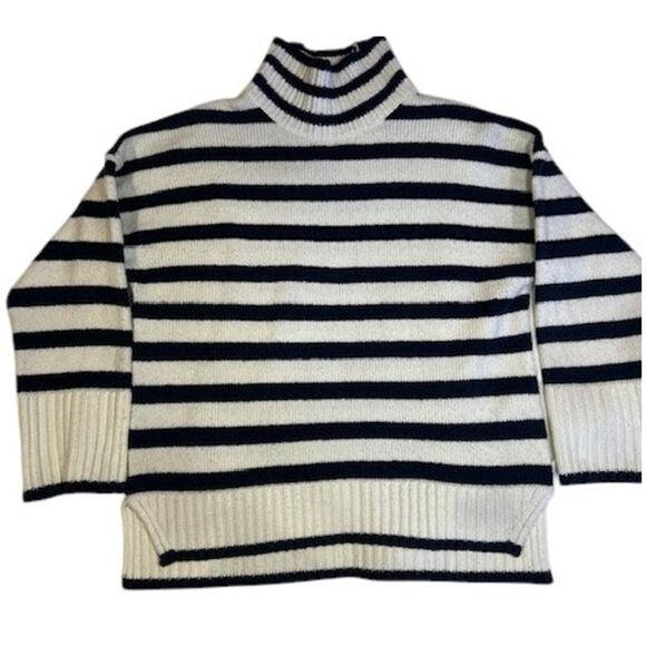 ABERCROMBIE & FITCH Navy Stripe Chunky Fisherman Sweater Turtle Neck MEDIUM - Picture 1 of 11